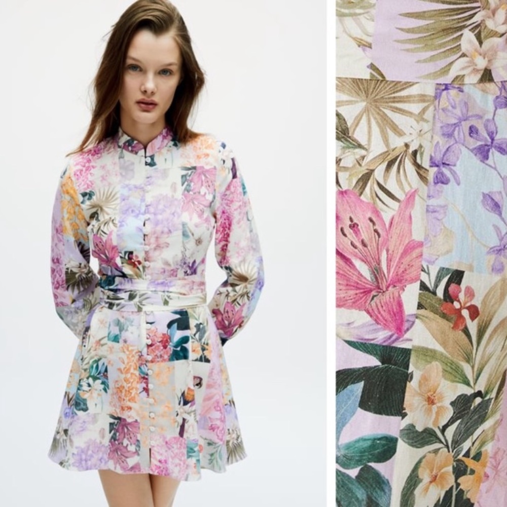 NWT. Zara Linen Blend Floral Print Mini Dress. Size L.